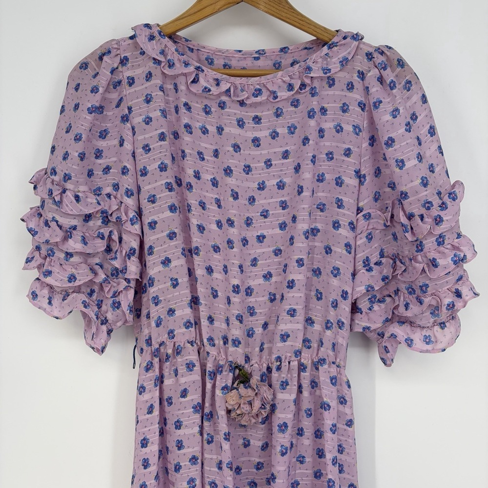 VTG 70s ILGWU Union Made Midi Dress 12 S M Lilac Floral Prairie Boho Ruffle 60s